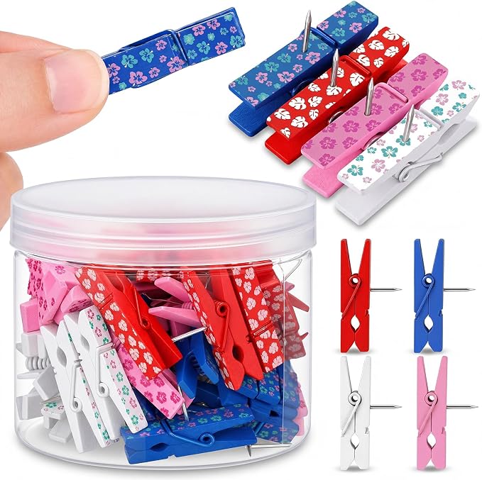 LemonRoad 60 Pcs Push Pin with Wooden Clips Teacher Cork Board Artworks by Unknown