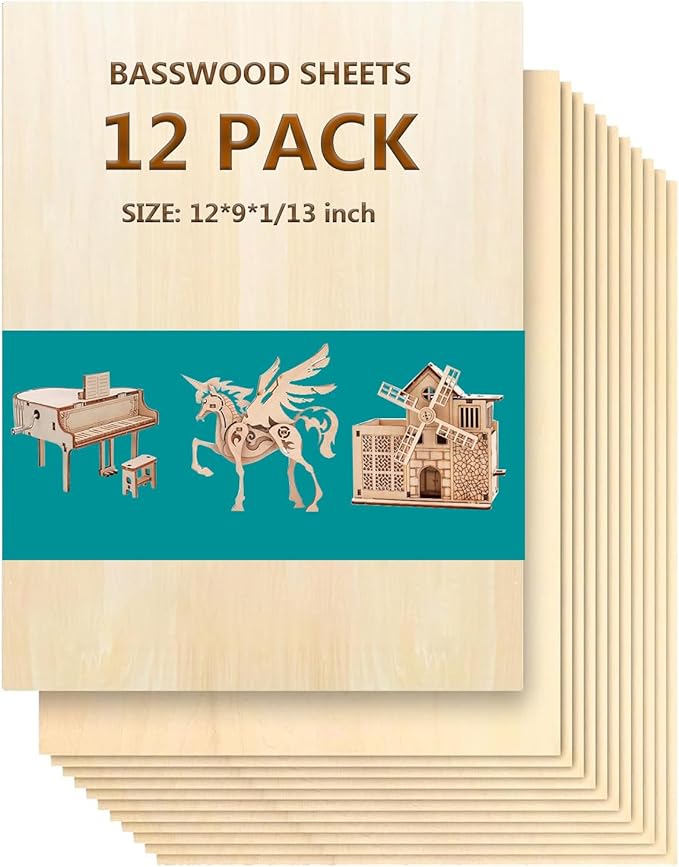 12 Pack Basswood Sheets 9"x12"x1/13, 2mm Basswood by Kelazola