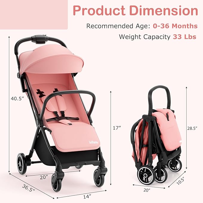 INFANS Lightweight Baby Stroller, Ultra-Compact Fold Airplane Ready Travel Stroller, One-Hand Gravity Fold Near Flat Recline Seat, Foldable Toddler Stroller for Infant 0-36 Month