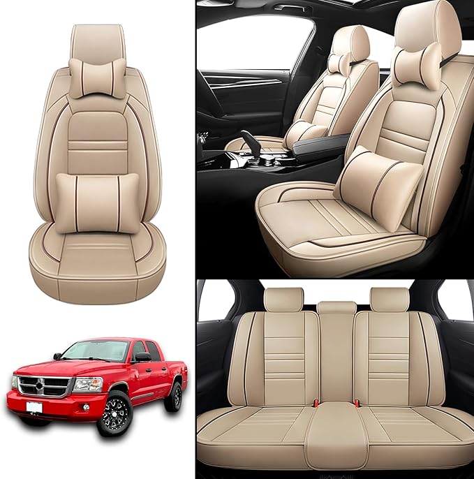 Car Seat Covers for Dodge Dakota 2000-2011 | 5-Seats Seat Covers, Waterproof Seat Protectors, Automotive Seat Covers (Full Set with Pillow,Beige)