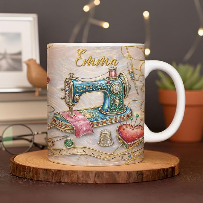 Personalized Sewing Mug with Name, Vintage Sewing Machine Coffee Cup, - Image 2