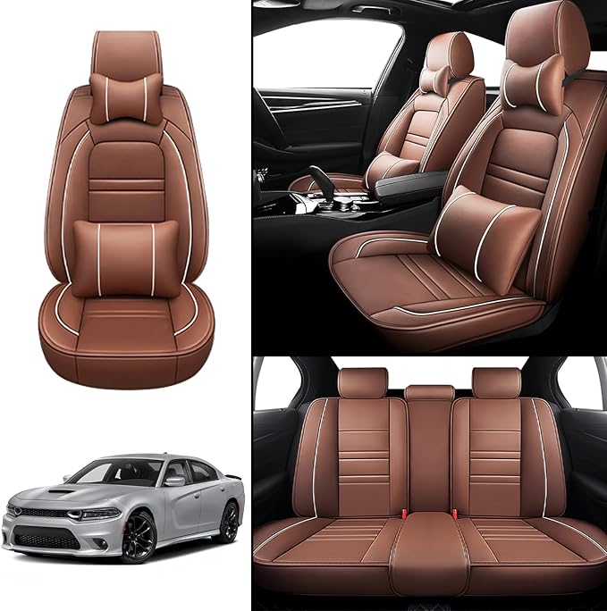 Car Seat Covers for Dodge Charger 2006-2023 | 5-Seats Seat Covers, Waterproof Seat Protectors, Automotive Seat Covers (Full Set with Pillow,Coffee)