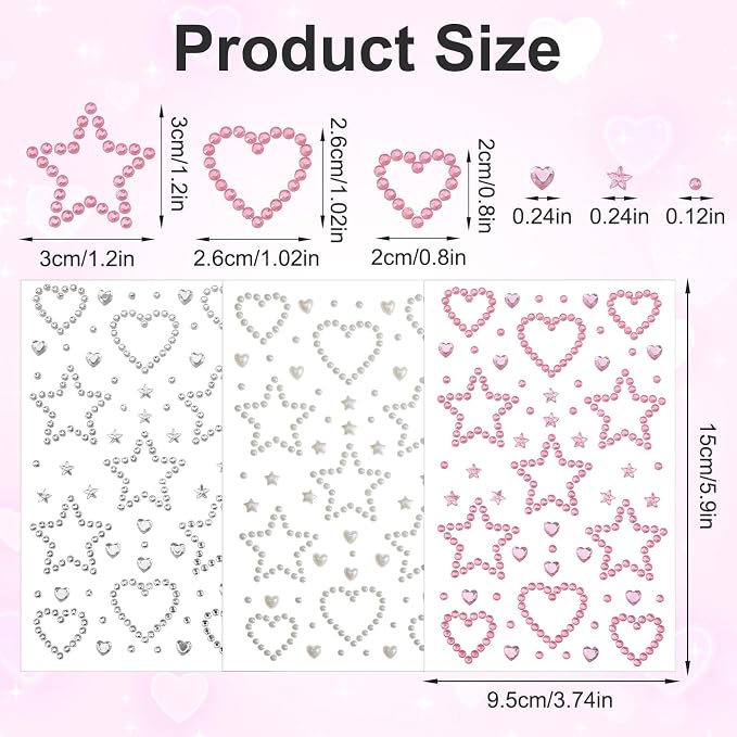 3 Sheets Rhinestone Stickers, Self-Adhesive Acrylic Gemstone Stickers Hearts - Image 4