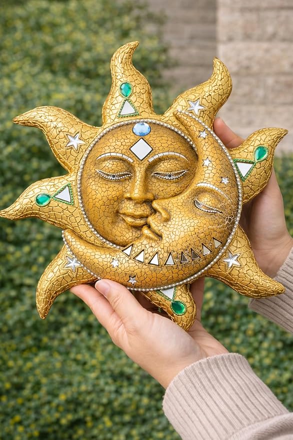 George S. Chen Imports Hand Painted Polyresin Mosaic Sun and Moon Face Wall - Image 2