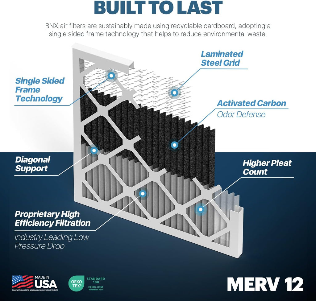 BNX TruFilter 16x24x1 MERV 12 Odor Defense (6-Pack) AC Furnace Air Filter with Activated Carbon - MADE IN USA - Pleated Air Conditioner HVAC AC Furnace Filters - Removes Odor, Mold, Bacteria, Smoke