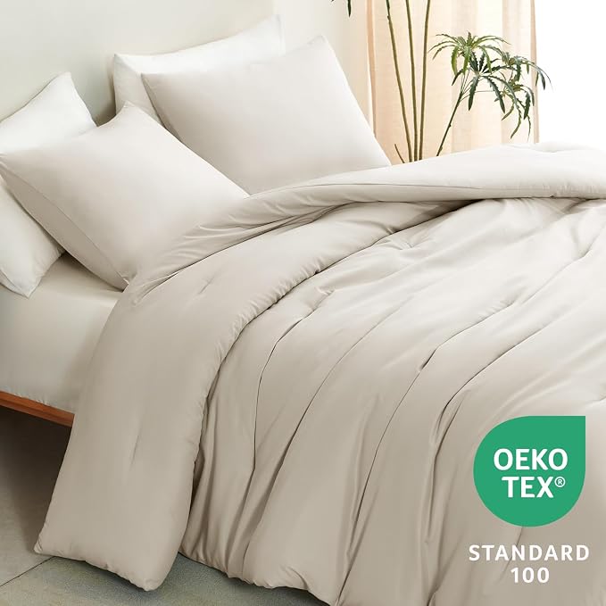 CozyLux Oversized Queen Comforter Set Beige, 3 Pieces 98x98 Solid Breathable - Image 4