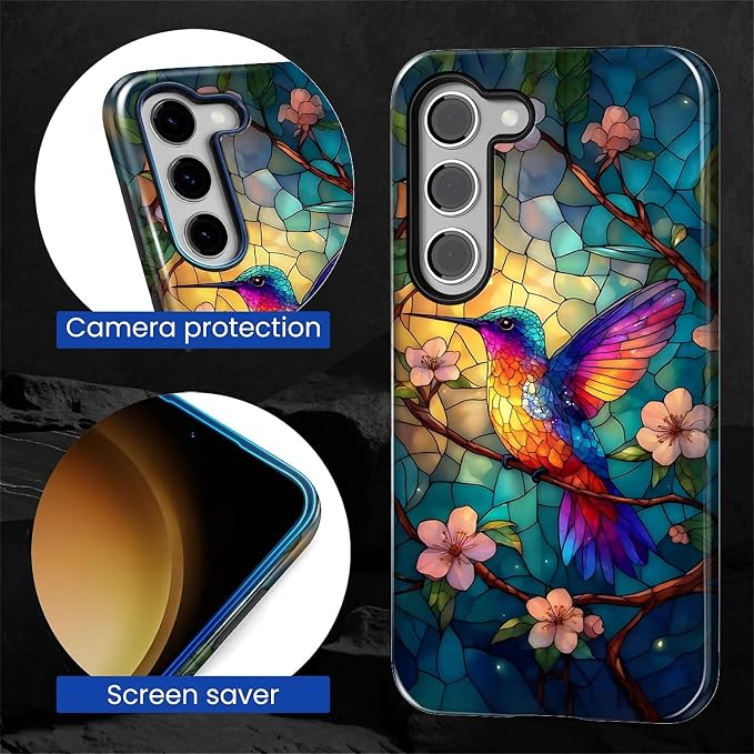 for Samsung Galaxy S23 Case, Stained Glass Hummingbird Pattern Glossy 2 in 1 - Image 6