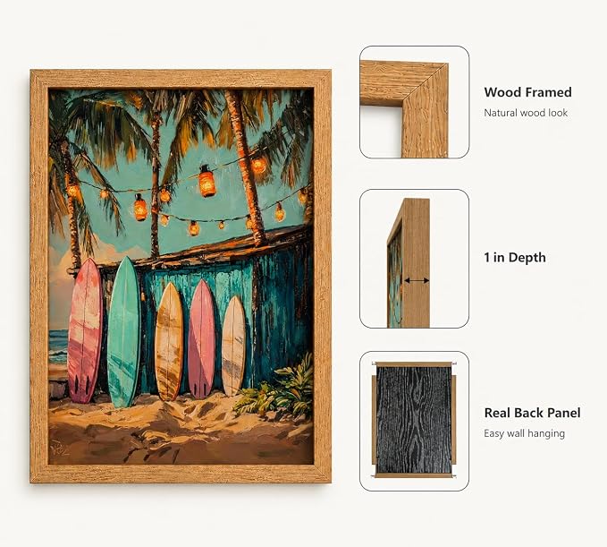 Framed Vintage Surfboard Canvas Wall Art, Tropical Palm Trees Painting Picture - Image 4