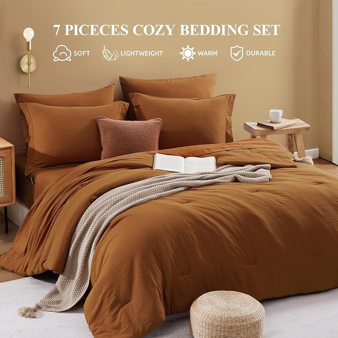 WRENSONGE California King Size Comforter Sets- 7 Pieces Soft Terracotta Bed in - Image 4