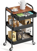 TOOLF 3-Tier Utility Rolling Cart with Wooden Board and Drawer, Metal Storage Cart with Handle, Black Trolley Kitchen Organizer Rolling Desk with Locking Wheels for Office, Classroom, Home, Bedroom