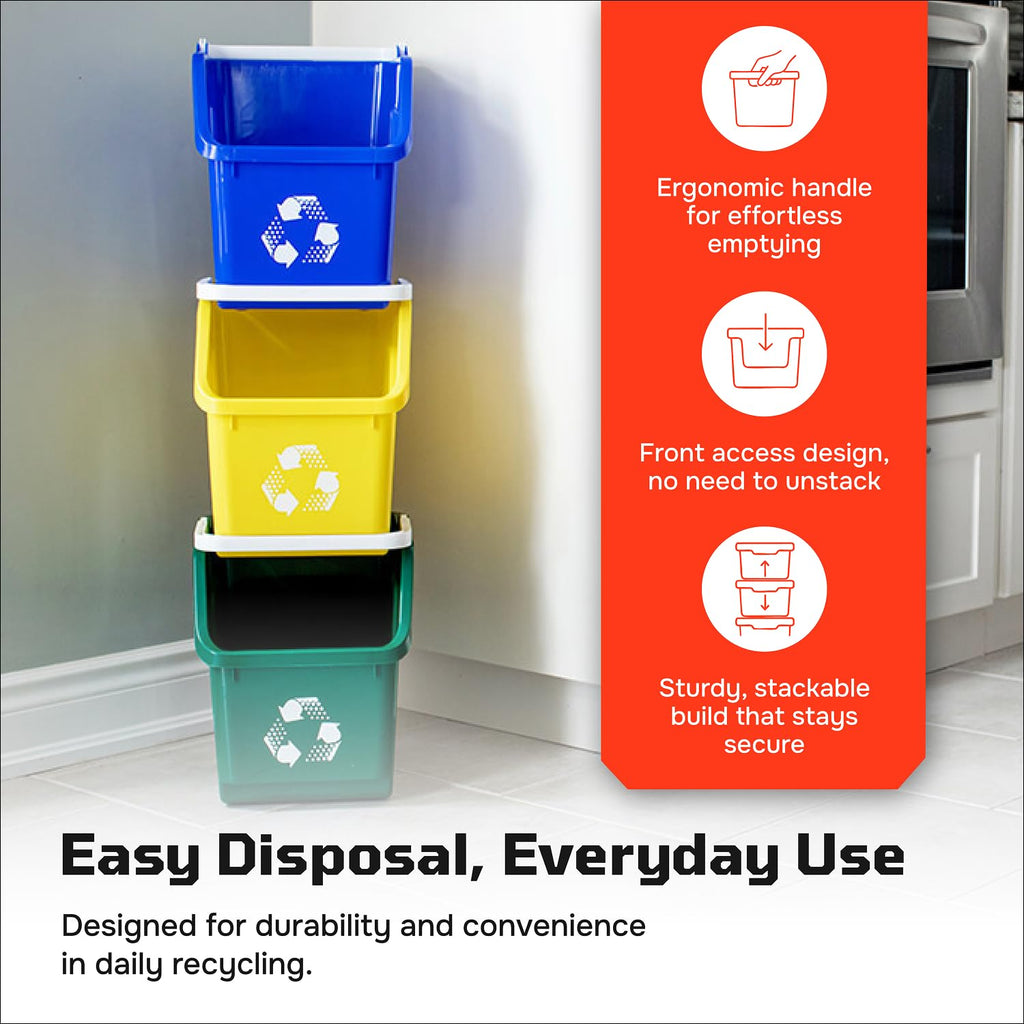Multi Bin Recycling System with Three Stackable 6 Gallon Recycle Bins to Build Your Recycling Center for Offices, Kitchen, Garages, Businesses - (3 Pack, Blue/Yellow/Green)