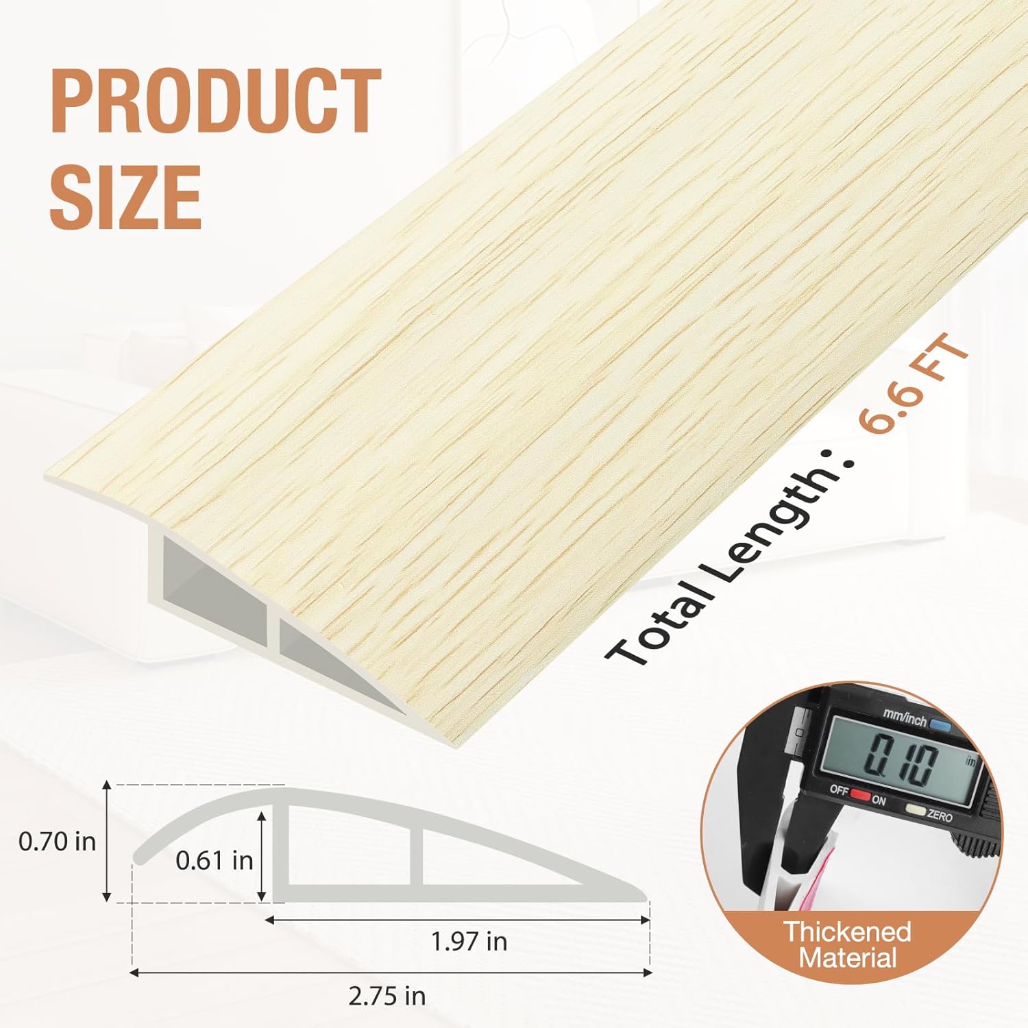 Floor Transition Strip Self Adhesive Vinyl Door Threshold for Doorways Carpet Edging Trim Overlap Edge Reducer for Laminate Floor, Carpet, Tile (Beige Wood Grain, 2/5" to 3/5", 6.6Ft)