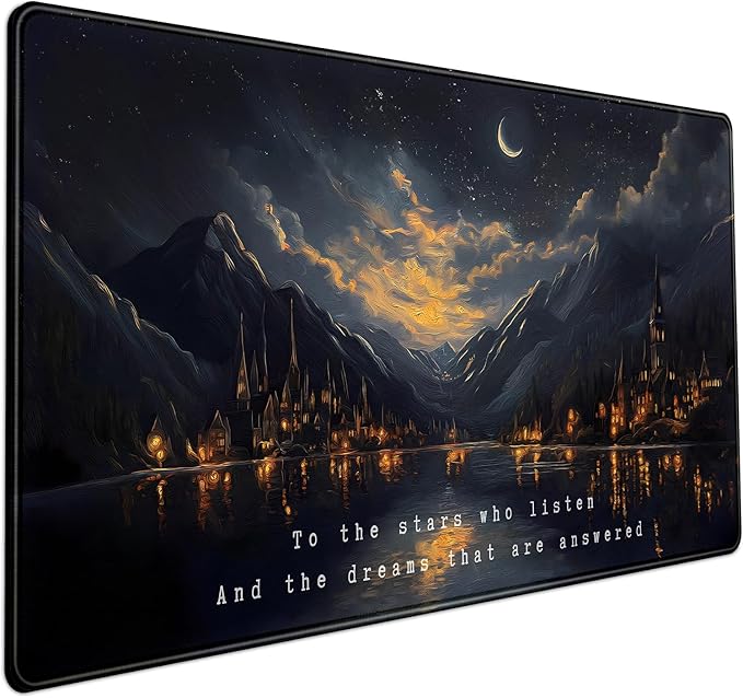 Starry Night Mountain Desk Pad Mat Moon Oil Painting XXL Black Mouse Pad by Mechanical+Cattle