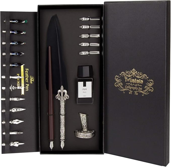 Calligraphy Set for Beginners, Wooden Dip Pen, Feather Quill, 19 Nibs, Ink Set by Trustela