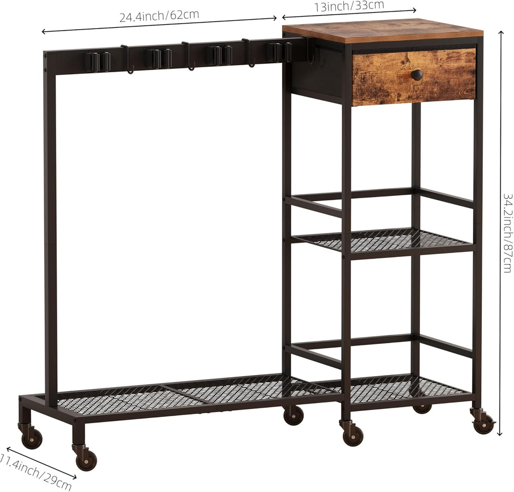 Heavy Duty Metal Cleaning Cart with Wheels,Broom Holder with Cleaning Supplies Organizer,Broom Storage Cart with Mop Hanger Gripper Rack Hooks for Home, Commercial (Rustic Brown, 37.6" L)