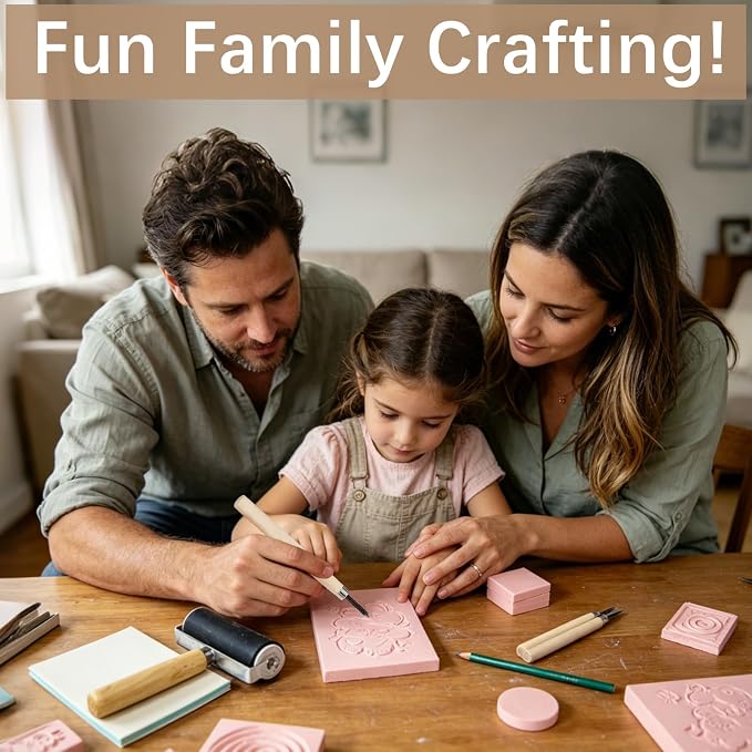 10 Pcs Rubber Stamp Carving Blocks Pink Soft Linoleum Blocks Round 2x2in and - Image 6