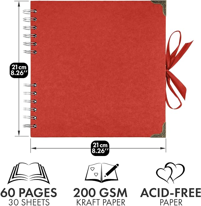 Bstorify Square Scrapbook Photo Albums 8 x 8 Inch Red Thick Paper, Metal Corners - Image 2