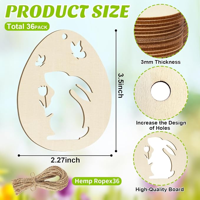 36PCS Wooden Easter Ornaments to Paint, 6 Styles DIY Blank Unfinished Wood Egg - Image 7
