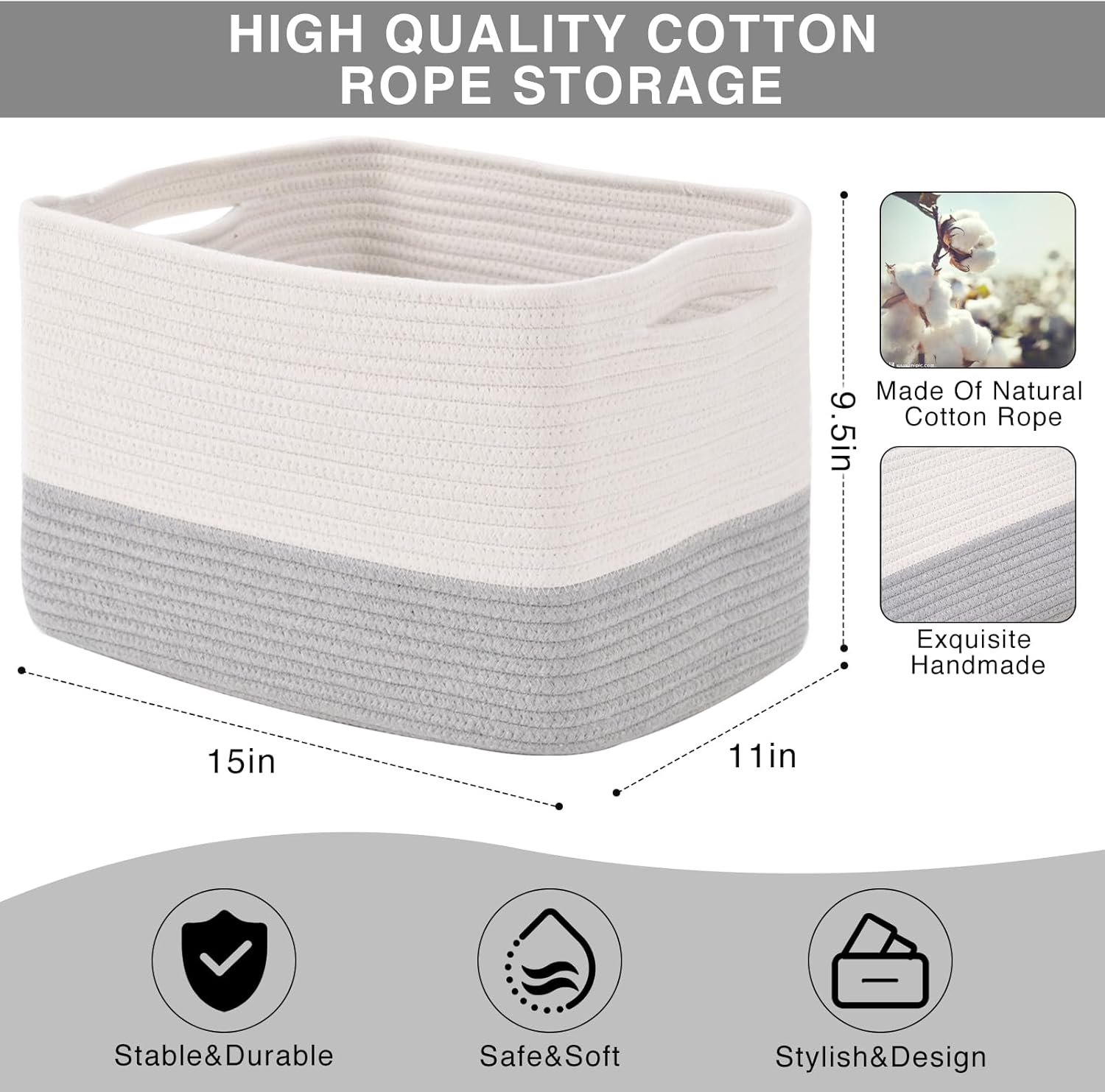 Storage Baskets for Organizing Shelves, Woven Cotton Rope Bins for Baby Nursery Organization, Book Toy Towel Organizer, 15"x11"x9.5", 3 Packs, Off White & Grey