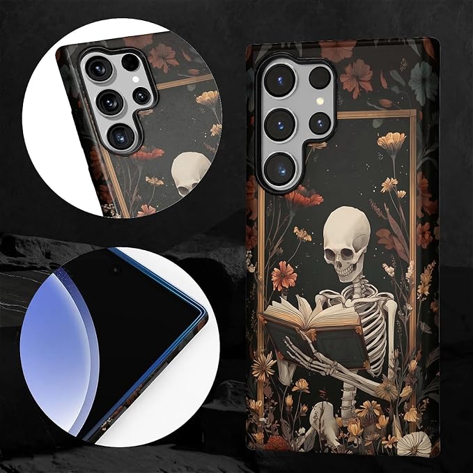 Case for Samsung Galaxy S23 Ultra Case, Skeleton Reader Goth Floral Design - Image 2