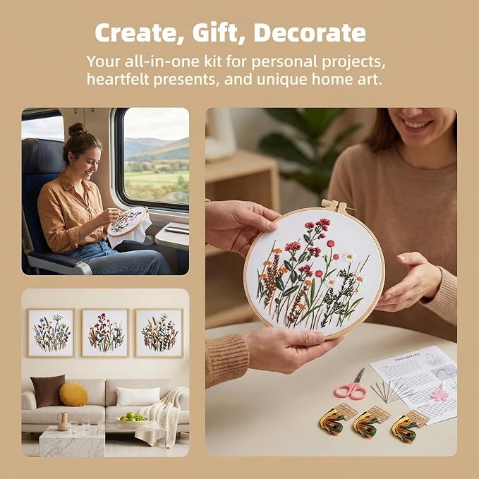 Herdiese Embroidery Kit for Beginners & Adults, Pre-Printed Fabrics, 9 Needles - Image 4