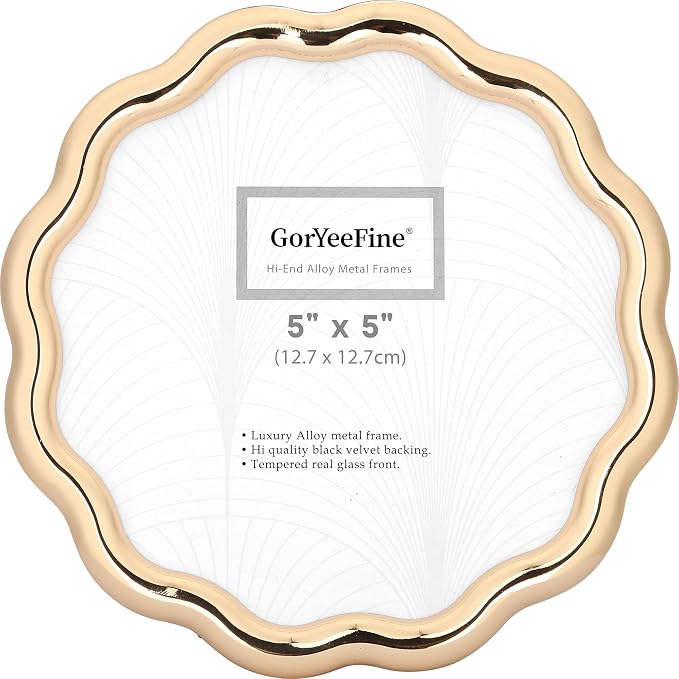 High-End Gold 5x5'' Round Zinc Alloy Picture Frames, Unique Wave Design by GorYeeFine