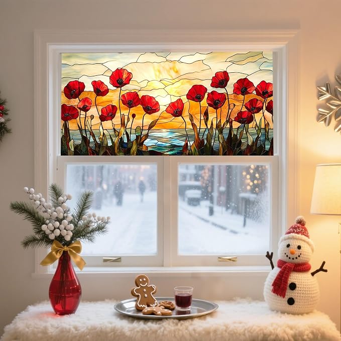 IVN Stained Glass Window Film 39.3x17.7 inch Poppy Flowers Window Privacy Film - Image 2
