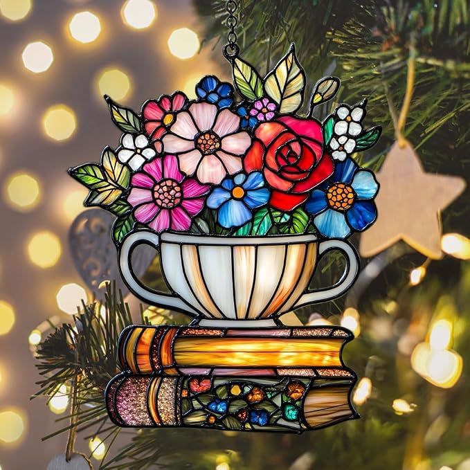 Floral Tea Cup and Books Acrylic Suncatcher Stained Glass Effect Window Car - Image 6