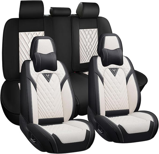 Car Seat Covers,Waterproof PU Leather Automotive Seat Covers Full Set for Cars SUV Truck Sedan,Universal Anti-Slip Seat Protector Breathable Seat Cover (5 Seat-Headrest,Creamy White)