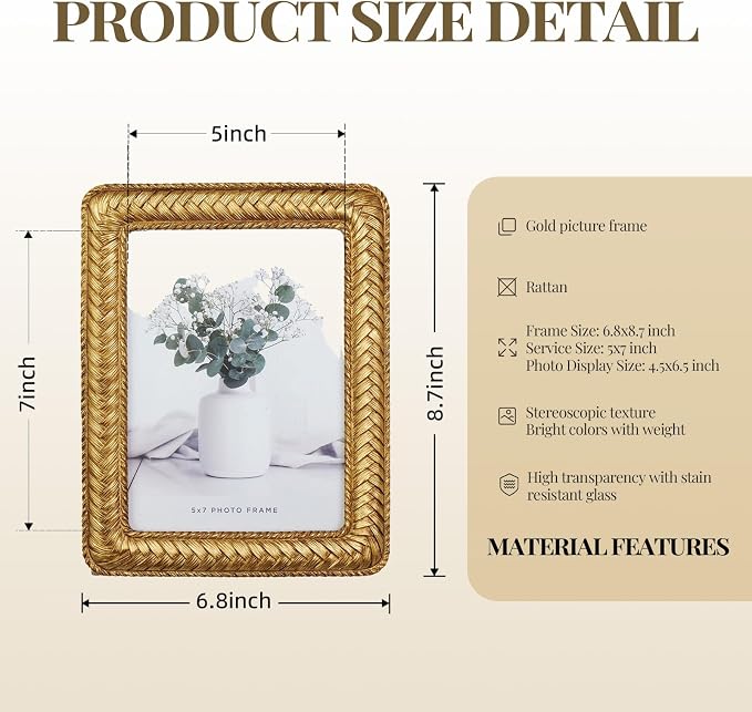 Cuspin 5x7 Gold Picture Frame, Ornate Decorative Rattan Resin Photo Frame - Image 5