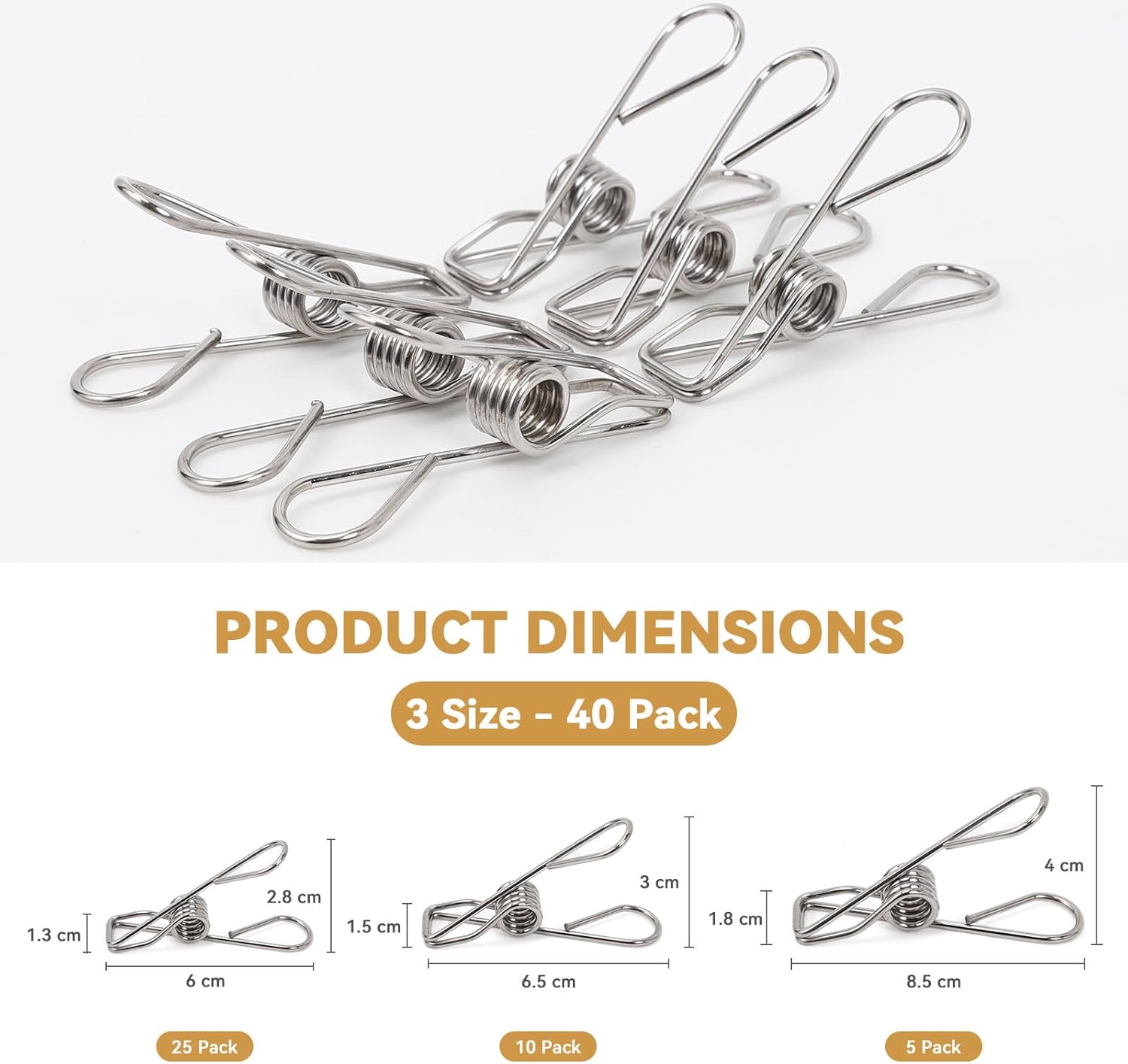 40 Pack Clothes Pins Heavy Duty, Metal Clothespins Assorted Size Include Extra Large, 304 Stainless Steel Clothes Pins with Waterproof Bag, 2.4/2.6/3.4 Inch Laundry Clips Outdoor