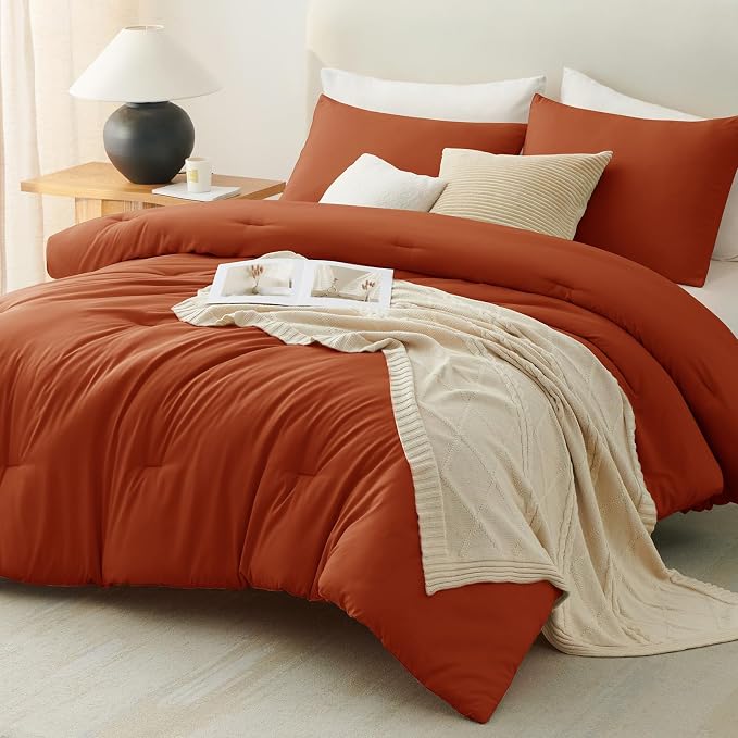 CozyLux Terracotta King Size Comforter Set, 3 Pieces Burnt Orange Rust Solid - Image 9