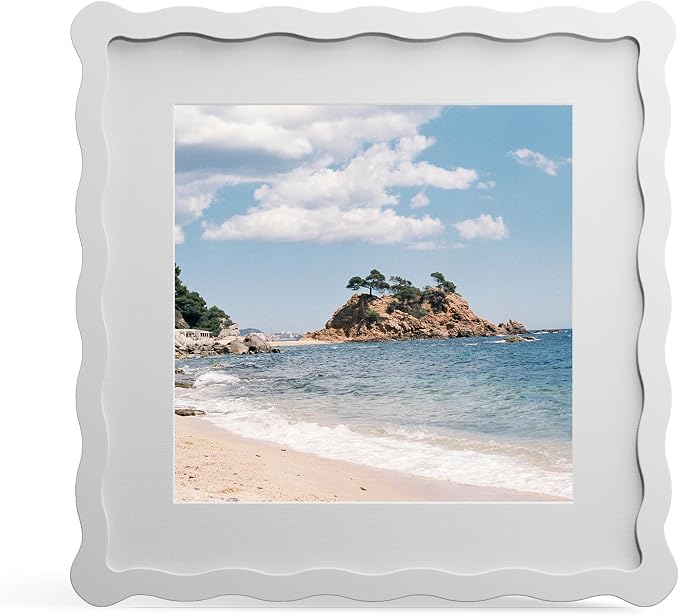 10x10 Picture Frame with Mat for 8x8, Wavy Edge Wooden Real Glass Photo Frame by THKRLOF