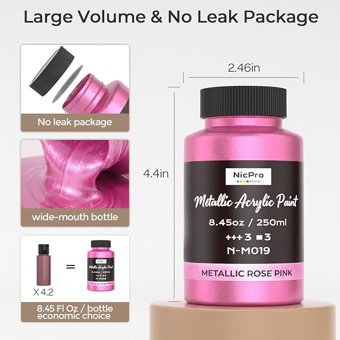 Nicpro Metallic Pink Acrylic Paint, 8.45oz/250ml Pearlescent Rose Shimmer | - Image 3