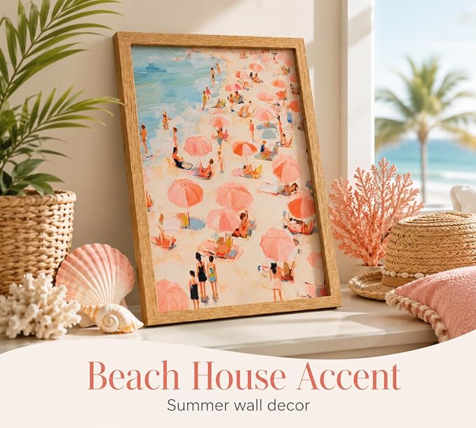 Framed Pink Beach Umbrella Canvas Wall Art, Coastal Painting Picture Wall Decor - Image 2