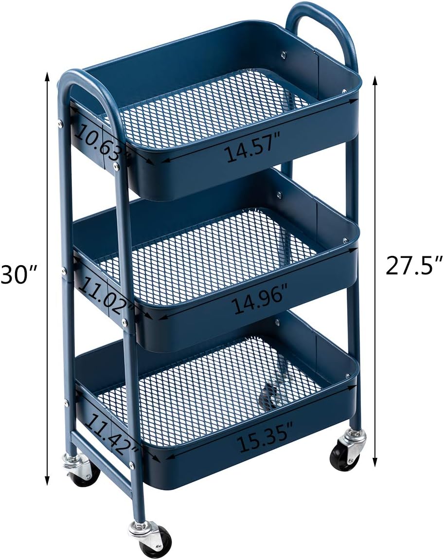 AGTEK Makeup Cart, Movable Rolling Organizer Cart, 3 Tier Metal Utility Cart,Navy Blue