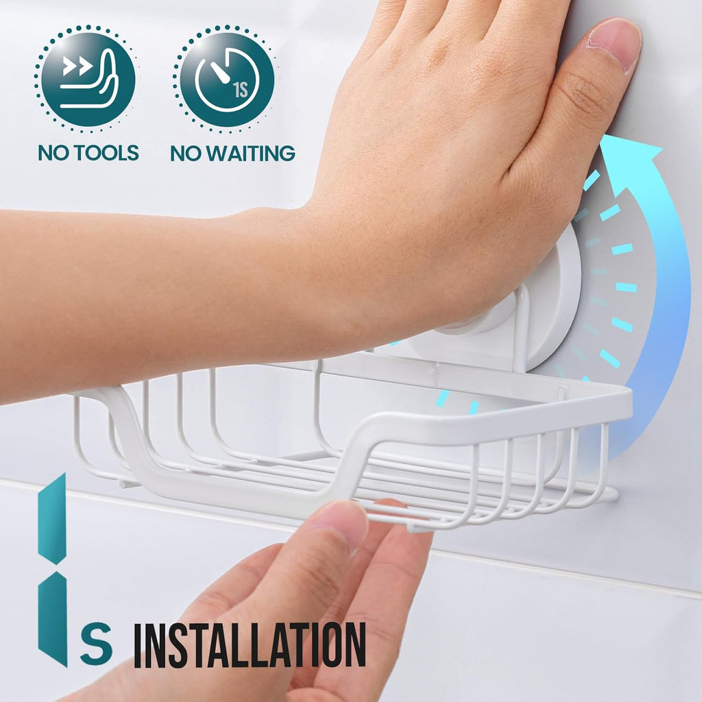 TAILI Soap Holder Bar Dish Suction Cup, Bar Shampoo Rack for Shower Wall, Draining Soap Saver Tray for Bathroom, Rustproof Stainless Steel Sponge Holder for Tub, Kitchen, Drill-Free, White