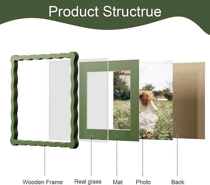 10x10 Picture Frame with Mat for 8x8, Wavy Edge Wooden Real Glass Photo Frame - Image 5