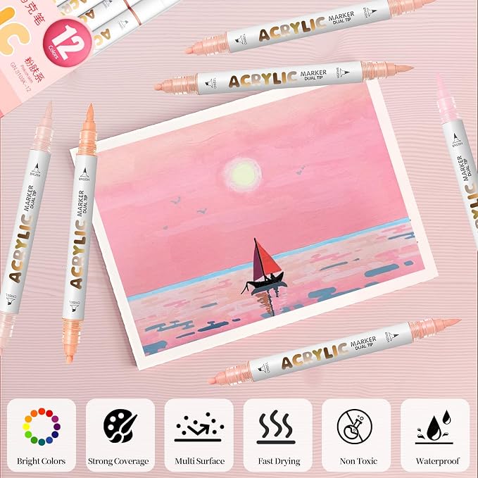 Pink Skin Acrylic Paint Pens, Water Based 12 Colors Dual Tip Acrylic Paint - Image 4