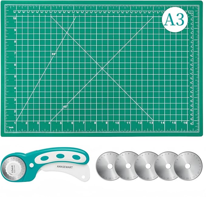 45mm Rotary Cutter and Mat Set, Fabric Cutter Wheel and 12x18 Inch Self Healing by AMASEWART