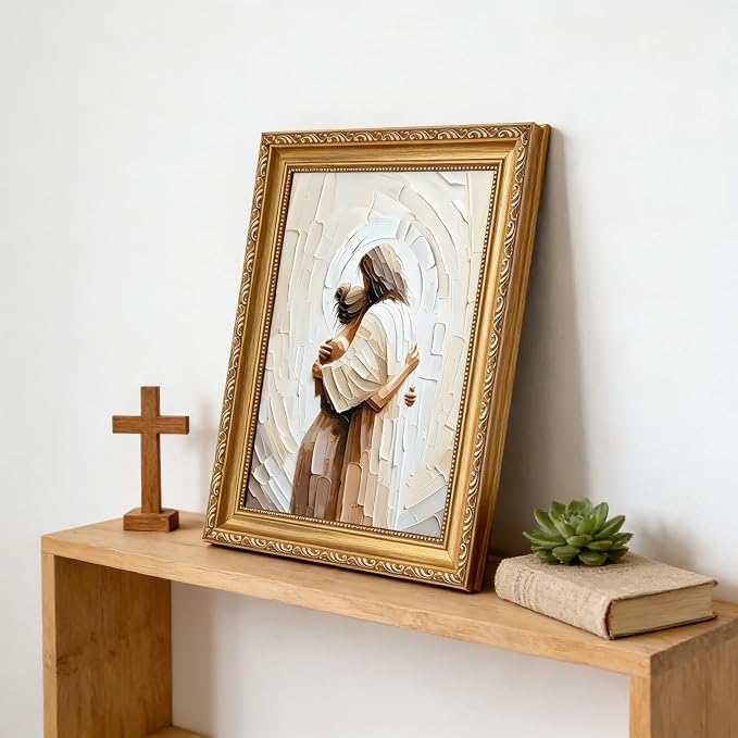 Vintage Gold Framed Jesus Wall Art Jesus Embracing Woman Wall Decor Safe in His - Image 3