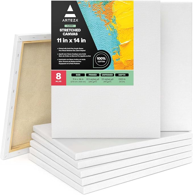 ARTEZA Stretched Canvas 11x14 Inches Pack of 8 – Blank White Canvases by ARTEZA