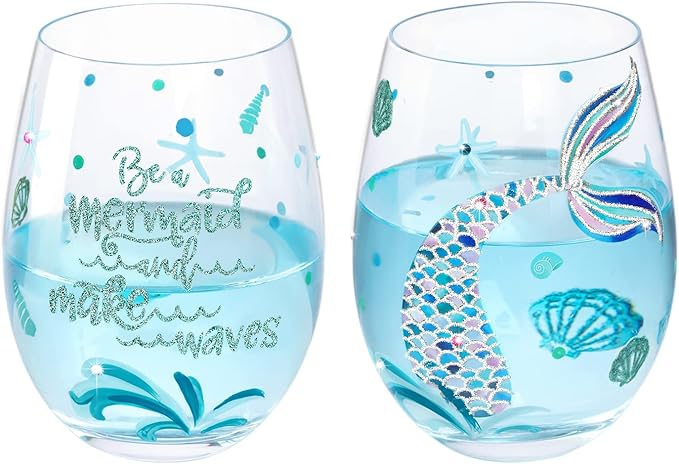 NymphFable Stemless Wine Glasses Hand Painted Mermaid Set of 2 Personalised by NymphFable