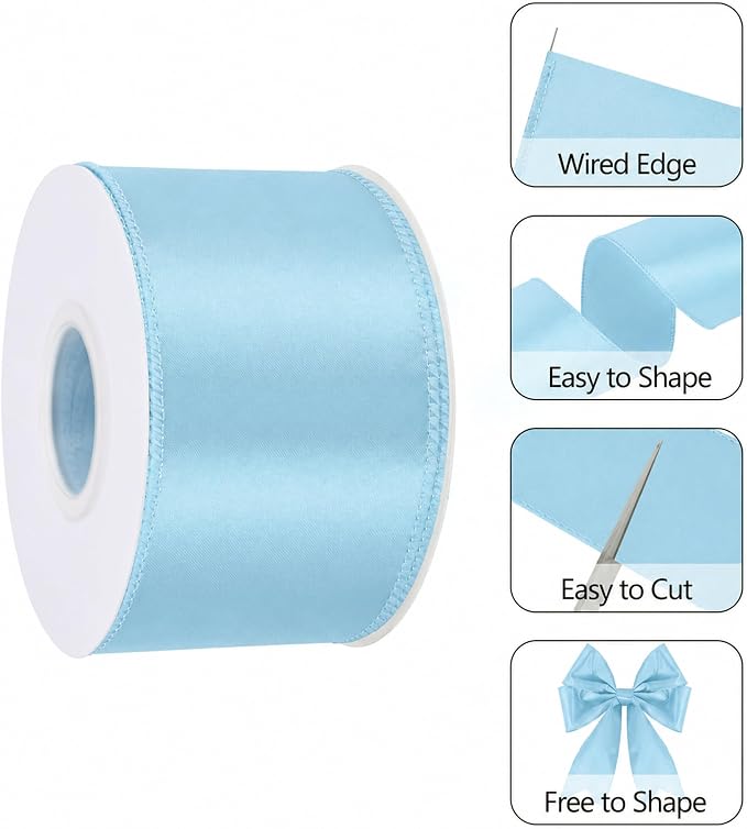 Light Blue 2.5 Inch Continuous 25 Yards Satin Wired Ribbon - Image 3