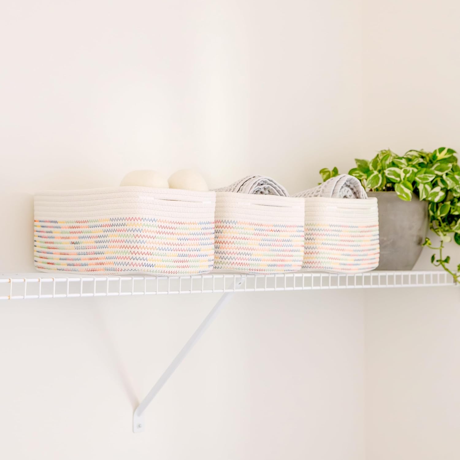 NaturalCozy 13.5”x8.5”x5.5” Rectangle Storage Baskets for Shelves 3 Pack | Cotton Rope Woven Small Baskets for Organizing | Small Storage Bins for Nursery, Bathroom, Closet, Shelf, Decorative