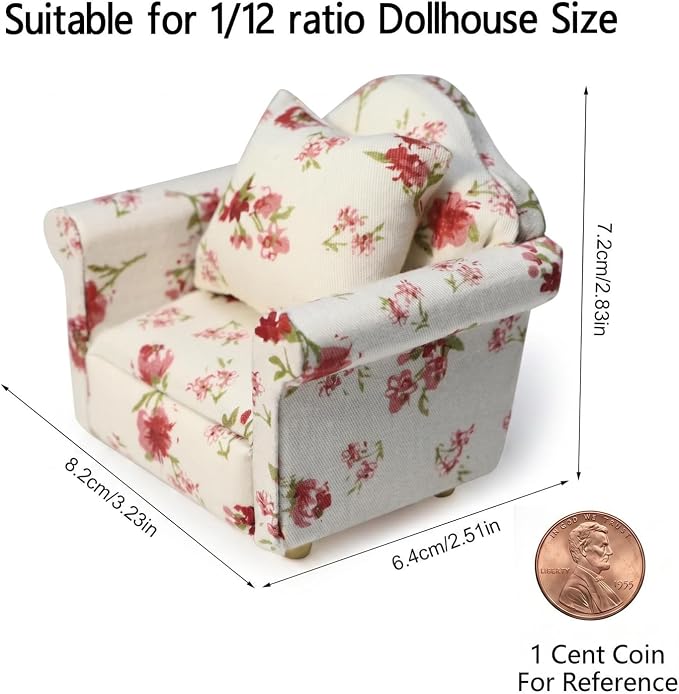 Dollhouse Couch with Pillow 1 12 Scale Miniature Sofa Arm Chair Living Room - Image 4