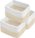 Hopegiver Woven Storage Baskets 11x8x7 Inch, 3 Pack Collapsible Cube Storage Bin for Shelves - Foldable Cotton Rope Organizer Bins for Towels, Toys, Books, Closet, Nursery (White Khaki)