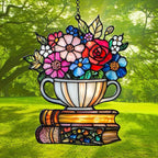 Floral Tea Cup and Books Acrylic Suncatcher Stained Glass Effect Window Car - Image 3