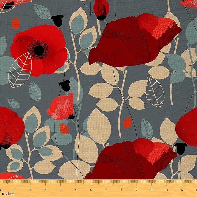Poppy Flower Upholstery Fabric by The Yard, Garden Floral Bltanical Outdoor by Feelyou