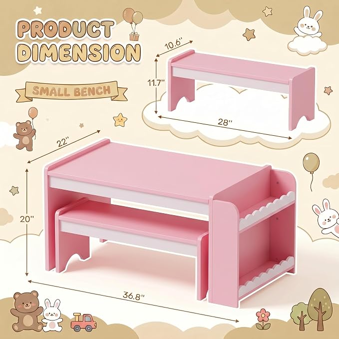 Kids Table and Bench Set, Montessori Kids Table and Chair Set, Indoor Wooden - Image 8